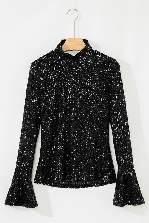 Sequin Mock Neck Drape Open Back Bell Sleeve Lined Top